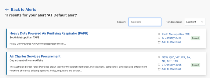 KB - Alerts - Tenders Sent search